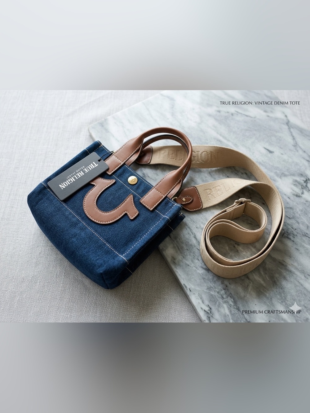 True Religion Navy Denim Mini Tote with Brown Leather Accents